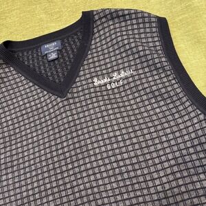 Brooks Brothers Golf Sweater Vest 100% Merino Wool Men XL Embroidered Gray Check